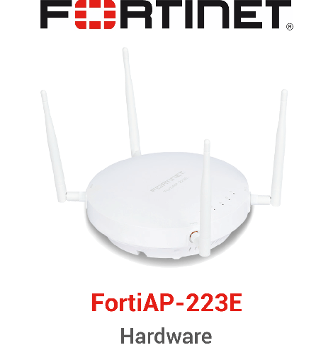 FAP-223E-E FortiAP-223E Indoor Wireless  AP - Dual radio (802.11 b/g/n and 802.11 a/n/ac Wave 2, 2x2 MU-MIMO), external antennas included, 1 x 10/100/1000 RJ45 port, BT / BLE. Ceiling/wall mount kit included.For power order: 802.3af PoE injector GPI-115 or AC adapter SP-FAP200-PA. Region Code E
